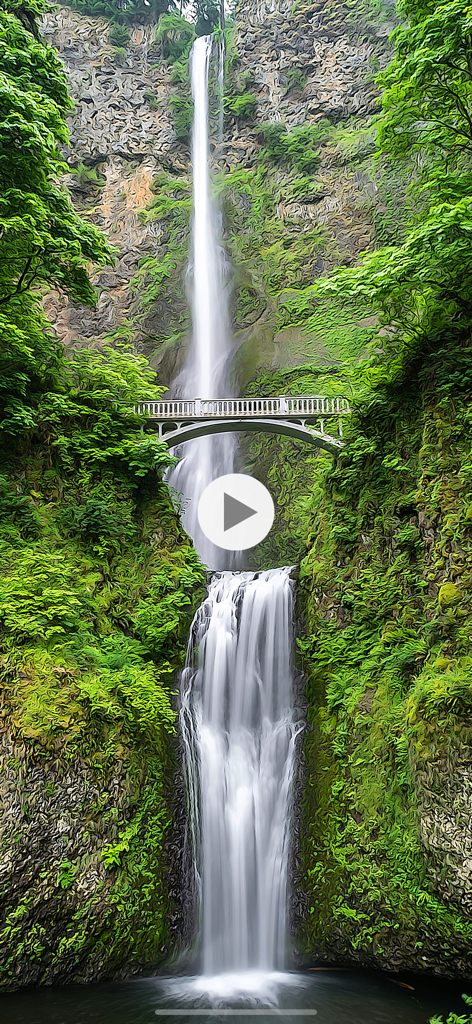 ToonCamera - A scenic waterfall and bridge rendered in a painterly cartoon style