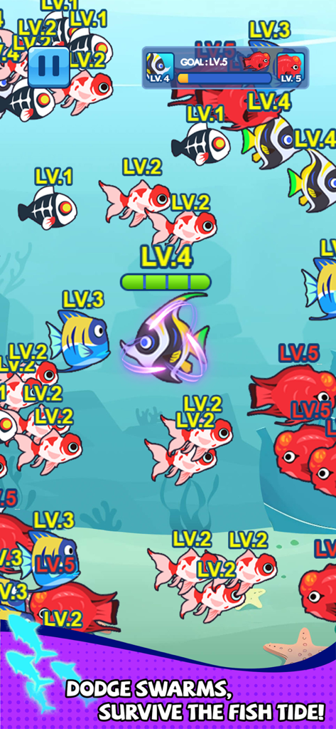 Fish Realm-Ocean Devour - A player fish navigating through a dense swarm of various leveled marine creatures in an underwater setting.