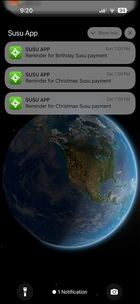 iPhone lock screen showing Susu App push notifications for savings circle payment reminders