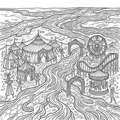 Immerse yourself in an extraordinary coloring experience where the vibrant energy of a carnival meets the captivating patterns of sheet lava flows. This unique design offers a thrilling challenge for colorists of all levels, blending festive fun with natural wonder.