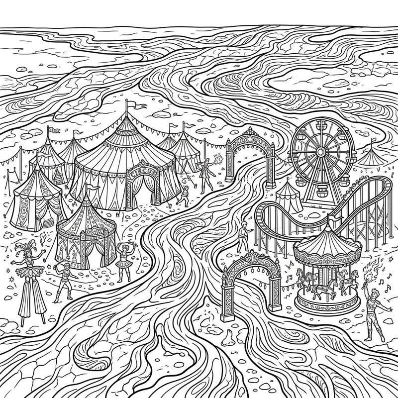 Immerse yourself in an extraordinary coloring experience where the vibrant energy of a carnival meets the captivating patterns of sheet lava flows. This unique design offers a thrilling challenge for colorists of all levels, blending festive fun with natural wonder.