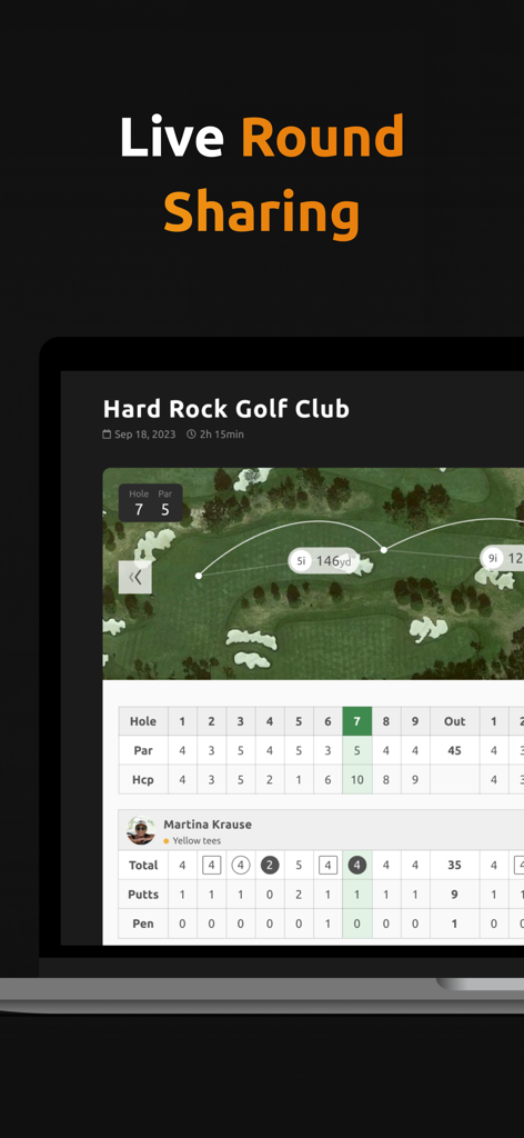15th Club golf app interface showing live round sharing with GPS map and player scorecard on a laptop screen