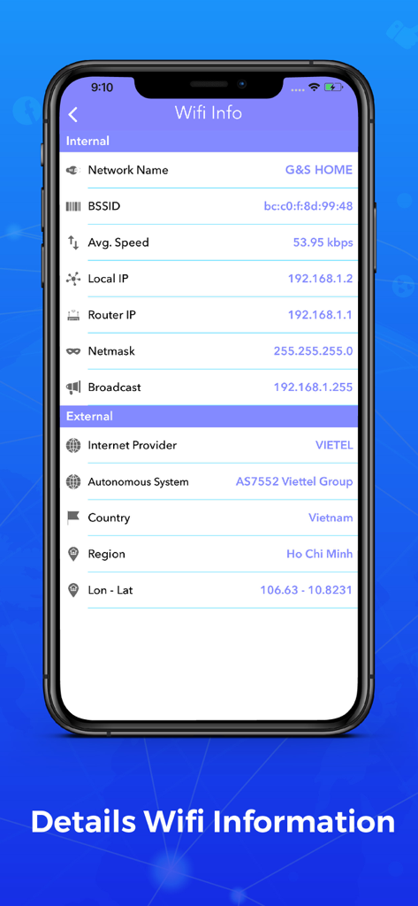 Interface showing detailed internal and external WiFi network information