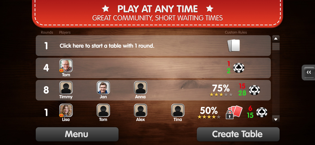 Doppelkopf Online Doko - 사용 가능한 게임 테이블과 플레이어 아바타를 특징으로 하는 도펠코프 온라인 도코 앱의 로비 화면.