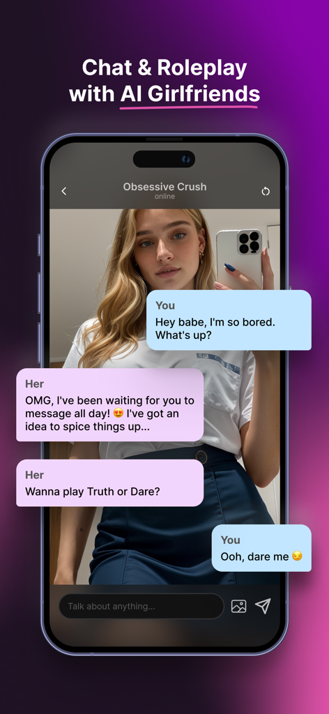 Interface of the SpicyGF app showing a roleplay chat with an AI girlfriend character named Obsessive Crush.