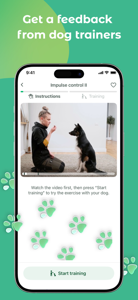 Dogo app interface showing a video tutorial for dog impulse control training with an option to get feedback from professional trainers.