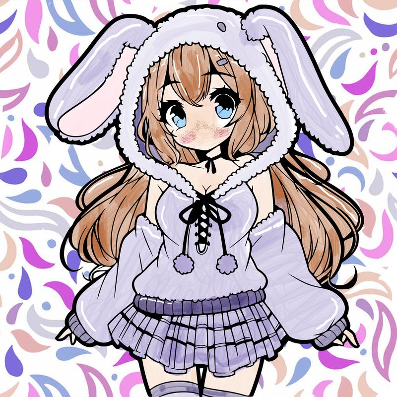 pretty anime girl wearing a fluffy hoodie with bunny ears on the hood and a skirt