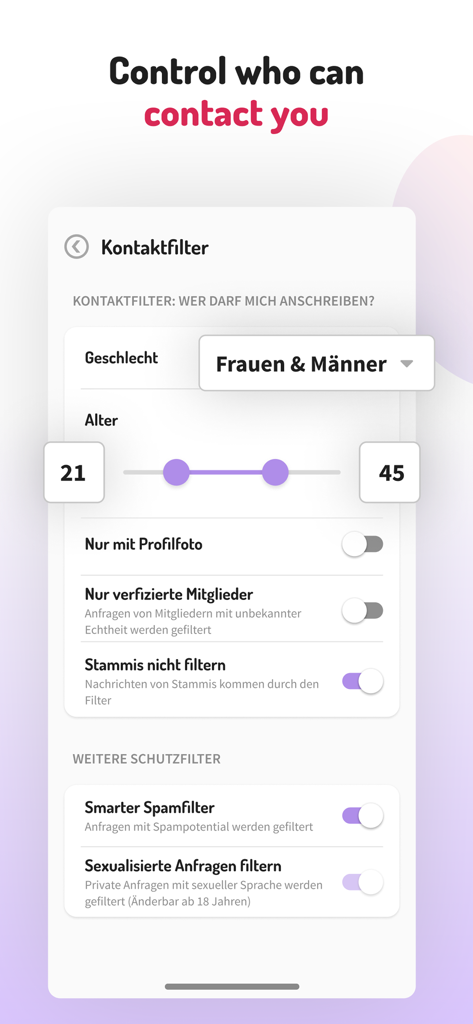 Oberfläche, die die Einstellungen für Kontaktfilter in der Knuddels App mit Optionen für Altersbereich und Sicherheitsfilter zeigt
