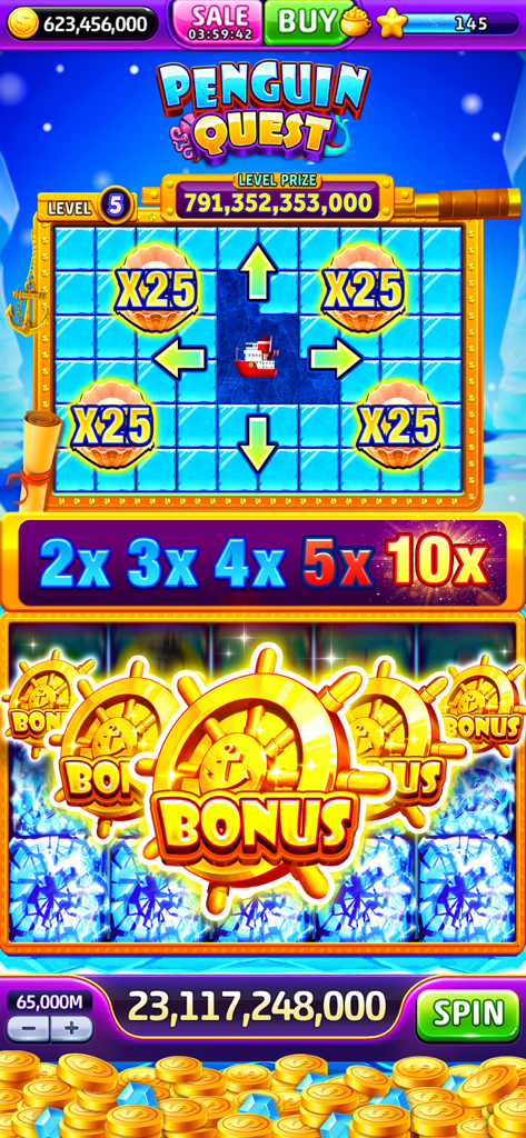 Jackpot World™ - Casino Slots - Pantalla del juego de bonificación Penguin Quest de Jackpot World Casino Slots.