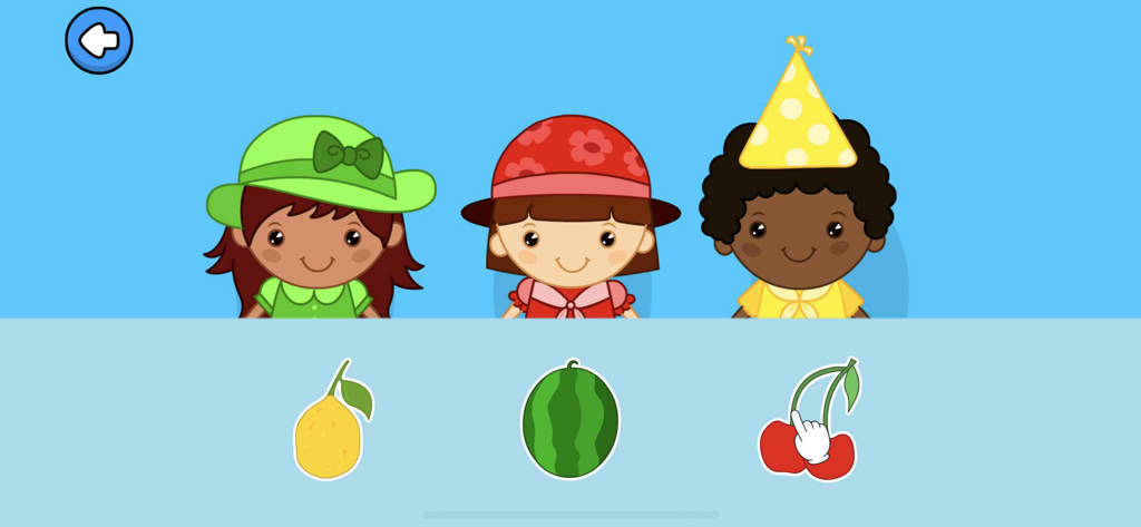 AutiSpark Autism Games: School - Cartoon characters and fruits in a sorting and matching game for children with autism.