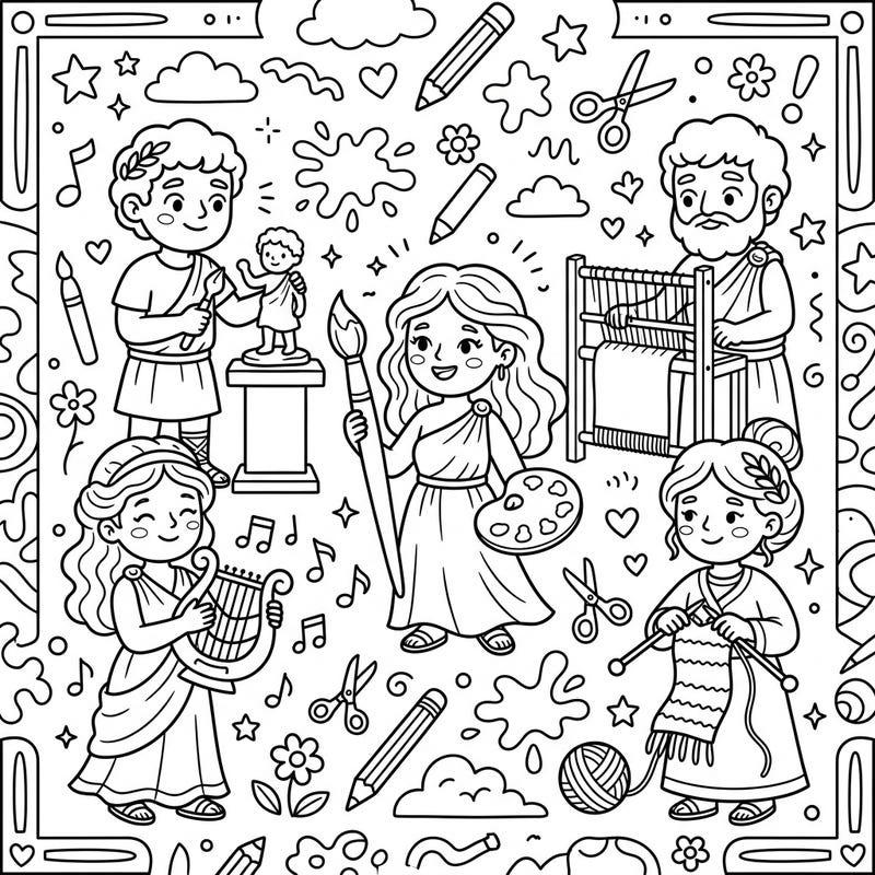 Bring ancient inspiration to life with this charming coloring page featuring friendly Gods of Art and Craft. Perfect for young artists, this design introduces various creative disciplines in a playful, engaging way.