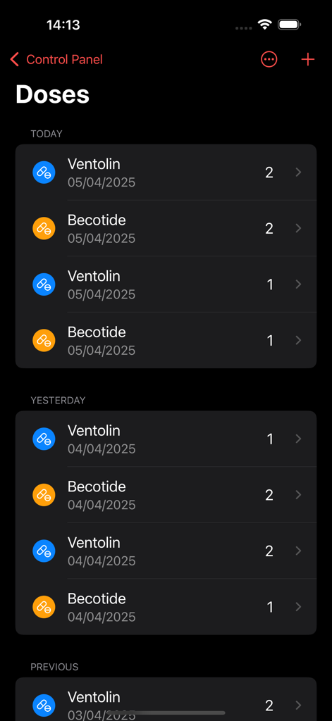 Track My Asthma - Doses screen in the Track My Asthma app showing a chronological list of medication usage including Ventolin and Becotide with color-coded icons