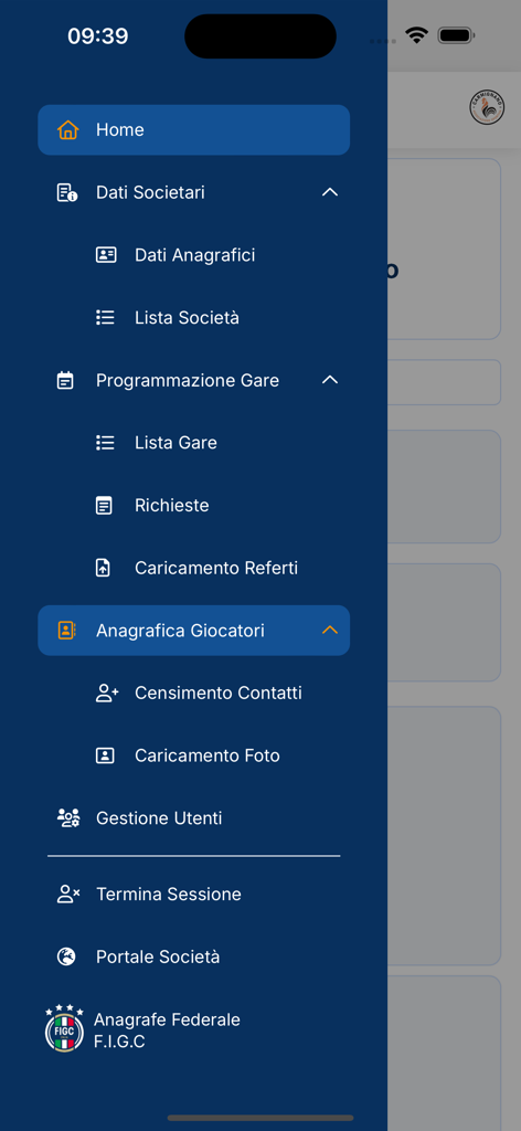 LND Portale Servizi - Side navigation menu of the LND Portale Servizi app showing administrative options for club management