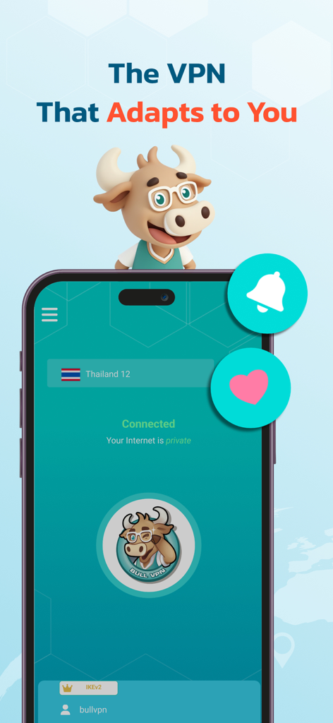 BullVPN - VPN Proxy - Application BullVPN sur un smartphone affichant une connexion privée avec une mascotte de taureau en dessin animé.