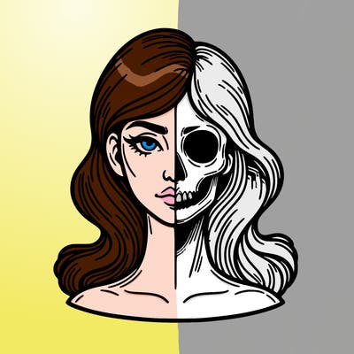 bust of a woman, half face and hair, half skull