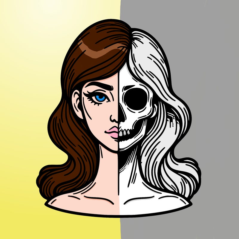 bust of a woman, half face and hair, half skull