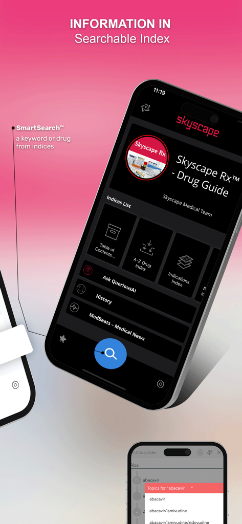 Skyscape Rx app interface showing the searchable drug index and smart search feature for medical professionals