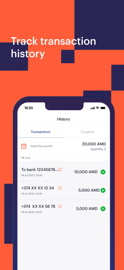 Telcell Business - Transaction history screen in the Telcell Business app showing monthly sales totals