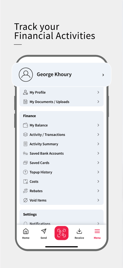 A mobile app screenshot of Whish Money showing the user profile and finance menu for tracking transactions