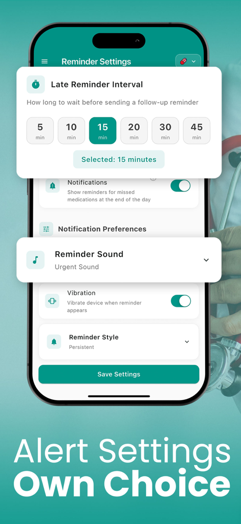 MedAlert: Pill Reminder - Tela de configurações do aplicativo MedAlert mostrando configurações personalizáveis de lembrete de medicação e intervalos de alerta de atraso.