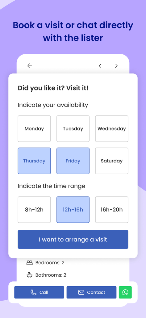Interface of the pisos.com app showing options to schedule a property visit by selecting days and time slots.