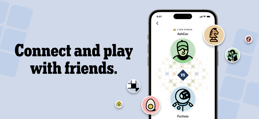 NYT Crossplay app interface showing a head to head word game match between two players