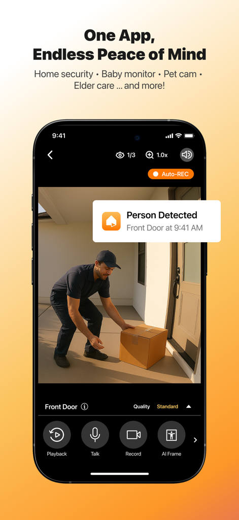 Alfred Home Security Camera - Smartphone exibindo o aplicativo Alfred Home Security Camera com uma notificação de pessoa detectada enquanto um entregador deixa um pacote