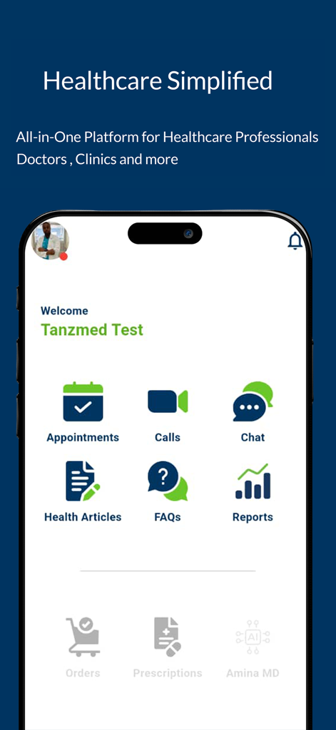 TanzMED Business app dashboard showing features for healthcare professionals including appointments and telemedicine tools