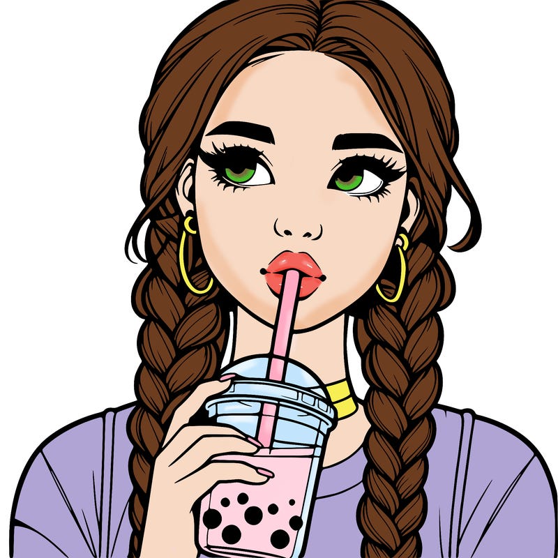 realistic girl with braided hair drinking boba