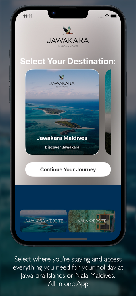 Jawakara - Jawakara app destination selection screen for Maldives luxury resorts