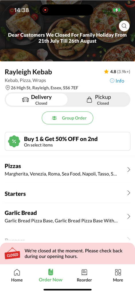 Rayleigh Kebab app home screen showing food categories and delivery status.