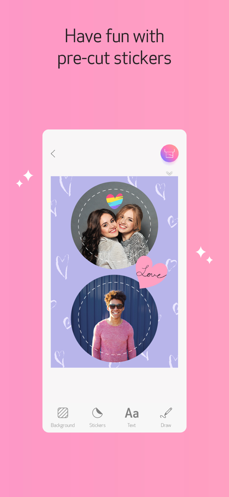 Canon Mini Print app interface showcasing pre-cut photo sticker layouts with hearts and creative edits.