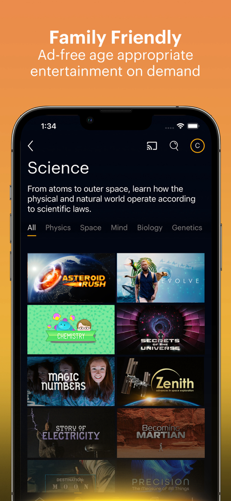 CuriosityStreamアプリの科学セクションのスクリーンショット。教育ドキュメンタリーと家族向けメッセージが特徴。