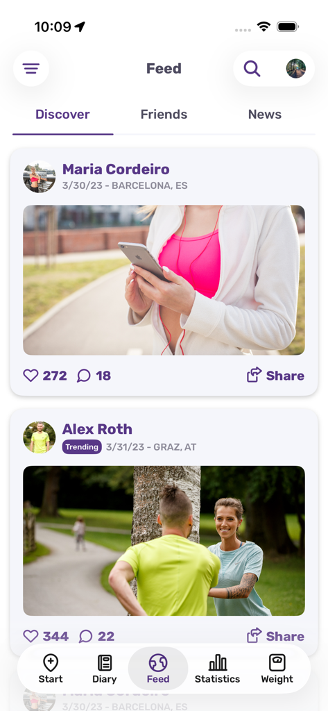 Screenshot of the FITAPP mobile app showing the Discover social feed with workout posts and photos from users in Barcelona and Graz