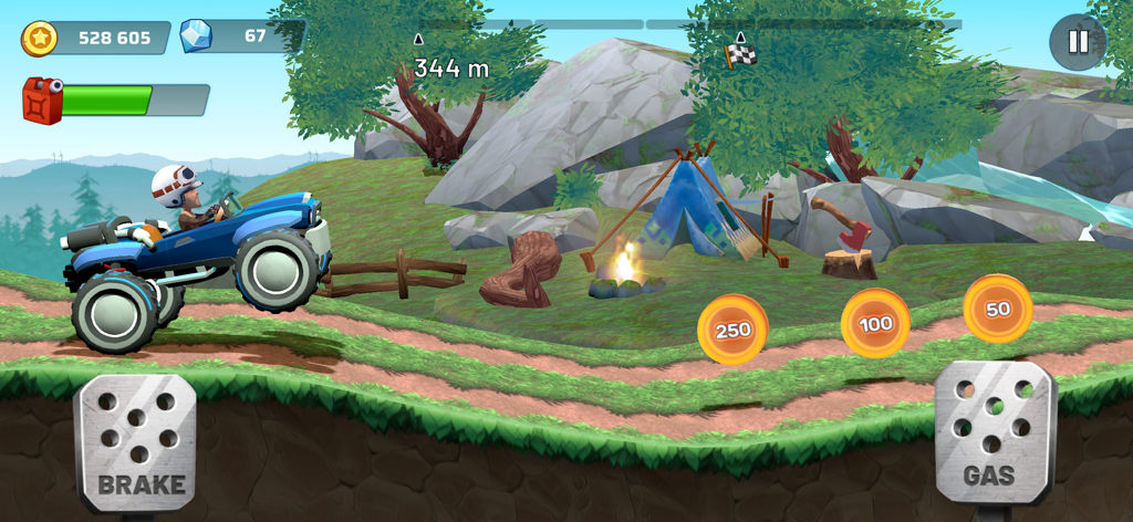 Mountain Climb Jump - A blue offroad buggy driving uphill on a mountain trail towards a campsite with a tent and campfire in Mountain Climb Jump.