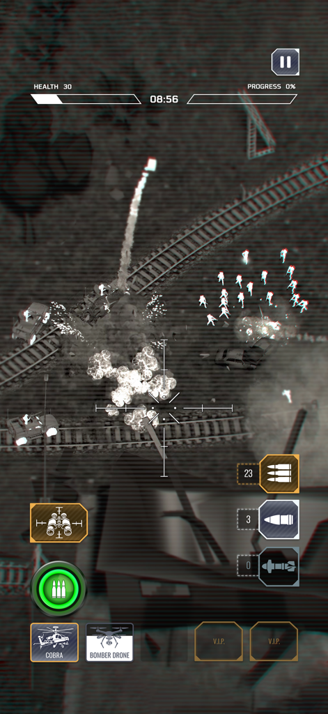 Air Commander: AC-130 Shooter - Vista táctica térmica de un avión de combate AC-130 atacando fuerzas terrestres enemigas en una vía férrea.