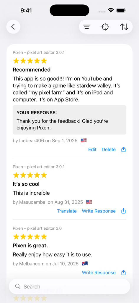 Xreviews - A screen in the Xreviews app displaying a list of customer reviews with developer responses and management options.