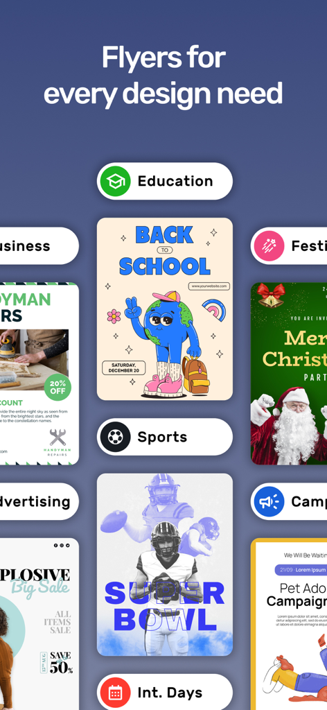 A collection of diverse flyer templates for education, sports, festivals, and business marketing needs