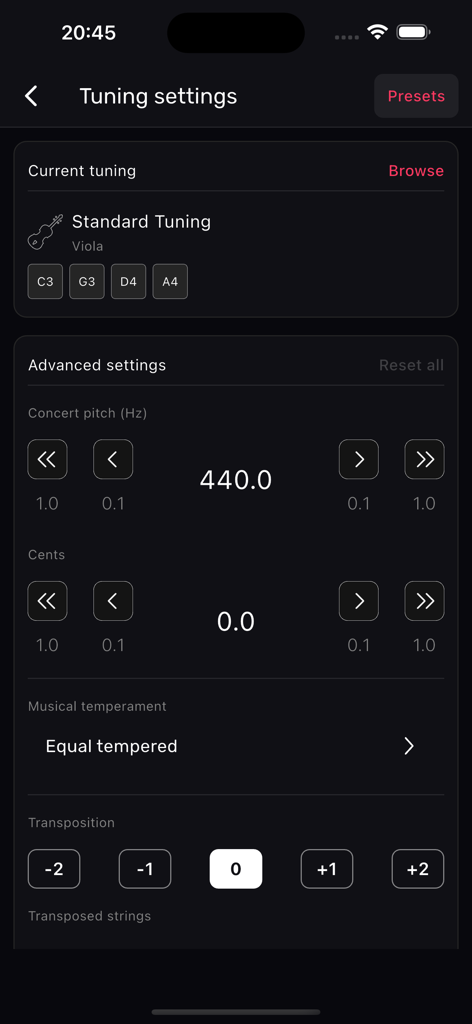 Viola Tuner – XTuner PRO - Advanced tuning settings interface for Viola Tuner XTuner PRO app showing concert pitch and temperament options