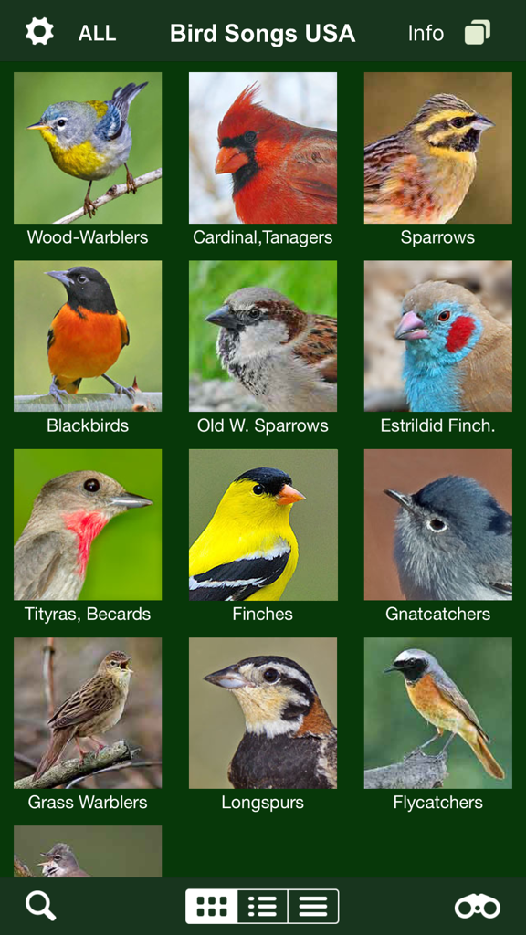 Vue de grille des catégories d'espèces d'oiseaux nord-américains avec des photos dans l'application Chants d'oiseaux USA.
