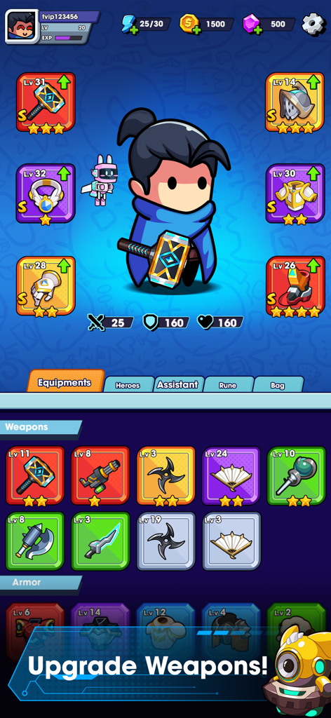 Hero Survival IO - Character equipment menu in Hero Survival IO showing weapons and armor slots for Yasuo