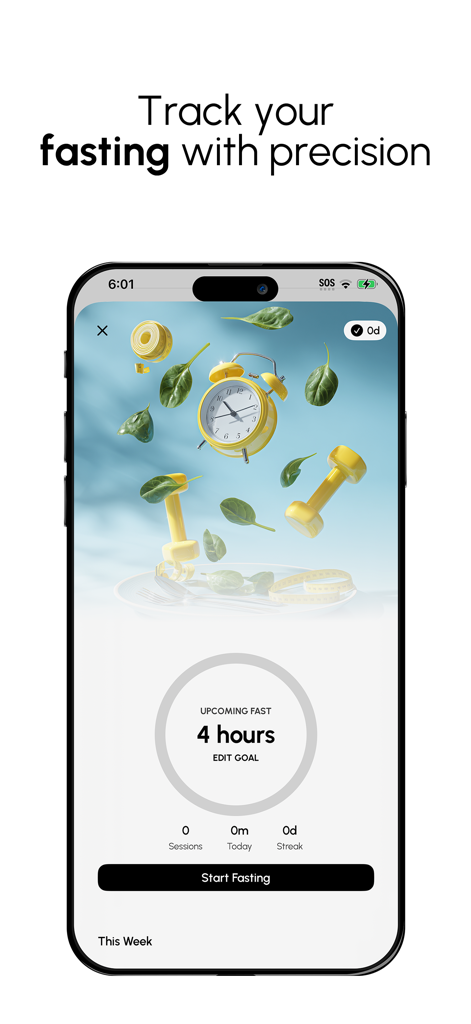 Calofit - AI Food Tracker - Intermittent fasting tracker screen in the Calofit app showing a four hour upcoming fast goal and start button.