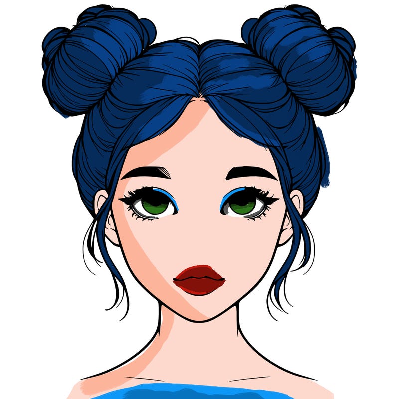 realistic girl with two buns on top of her head