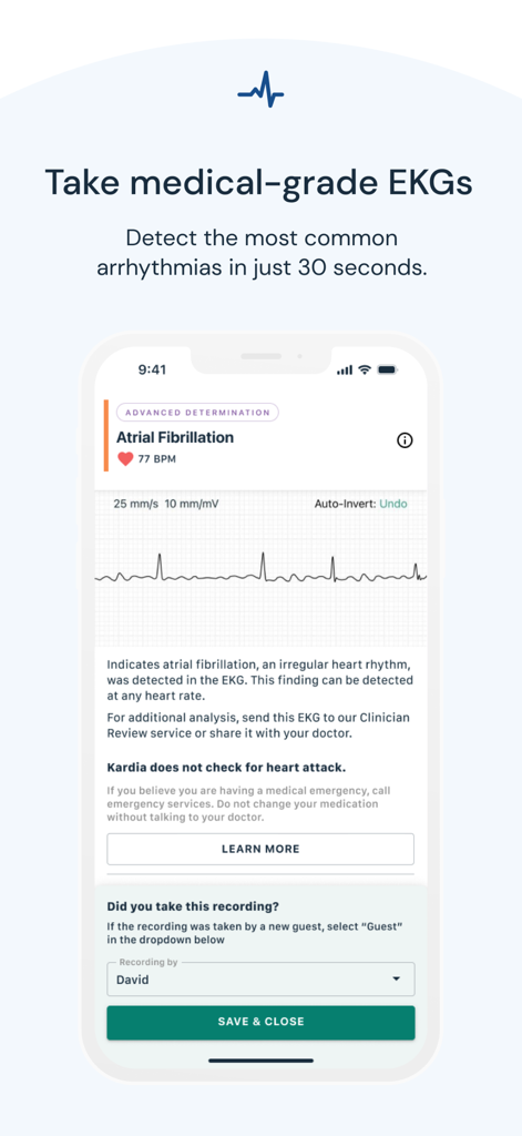 Kardia - Kardia app interface showing a medical-grade EKG result for Atrial Fibrillation detection