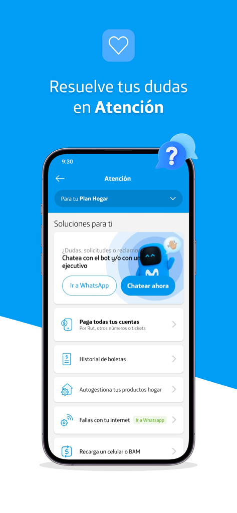 Mi Movistar Chile - Pantalla de atención al cliente en la app Mi Movistar Chile mostrando opciones de chat e historial de facturación