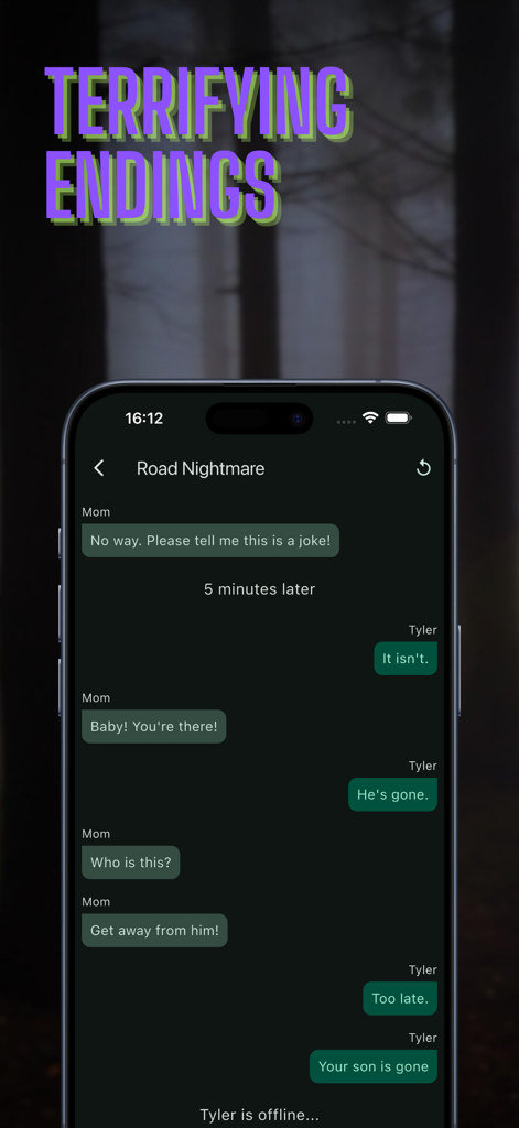 A mobile screen showing a horror chat fiction story titled Road Nightmare with chilling text bubbles and a dark forest background