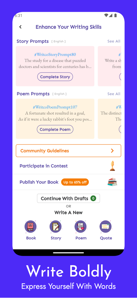 Captura de pantalla del panel de la aplicación Writco que presenta indicaciones de escritura para historias y poemas.