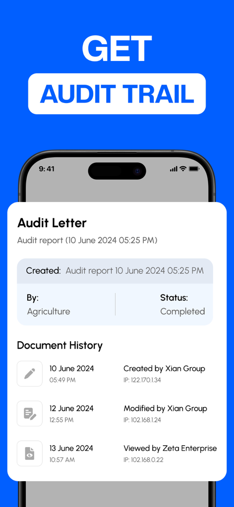 Audit trail screen in a PDF signing app showing a detailed document history with timestamps and IP addresses