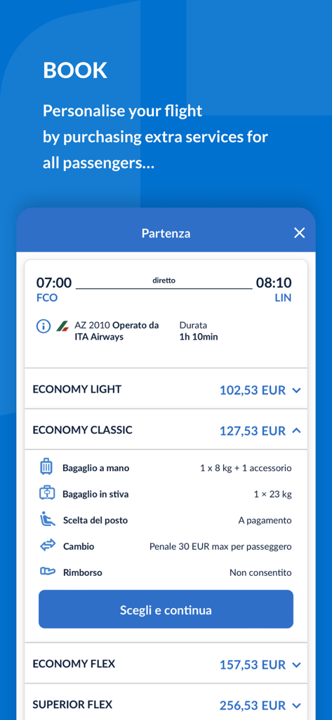 さまざまなフライト運賃クラスと予約詳細を表示するITA Airwaysモバイルアプリのインターフェイス。