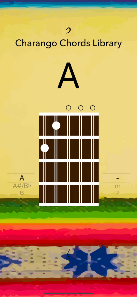 Charango Tuner Pro - Charango Tuner Pro app interface showing the Charango Chords Library with an A major chord diagram.
